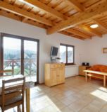 Apartmán Donovaly 2956 - apartmán A: 1 x dvojlôžková izba (1 x  manželská posteľ), 1 x dvojlôžková izba (2 x  samostatné lôžko),  + 2 x prístelka (1 x rozkladací gauč, spoločenská miestnosť  ), spoločenská miestnosť  prepojená s jedálenským kútom (TV, DVD - prehrávač, posedenie), kuchyňa (chladnička s mrazničkou, rýchlovarná kanvica, sklokeramická varná doska, elektrická rúra na pečenie, mikrovlnka), kúpelňa (sprchovací kút, WC v kúpeľni, umývadlo), spoločný vchod s inou izbou alebo apartmánom, prízemie