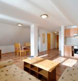 Apartmán Donovaly 2956 - apartmán B: 1 x dvojlôžková izba (1 x  manželská posteľ), 1 x dvojlôžková izba (2 x  samostatné lôžko),  + 2 x prístelka (1 x rozkladací gauč, spoločenská miestnosť  ), spoločenská miestnosť  prepojená s jedálenským kútom (TV, DVD - prehrávač, posedenie), kuchyňa (chladnička s mrazničkou, rýchlovarná kanvica, sklokeramická varná doska, elektrická rúra na pečenie, mikrovlnka), kúpelňa (sprchovací kút, WC v kúpeľni, umývadlo), spoločný vchod s inou izbou alebo apartmánom, 1. poschodie